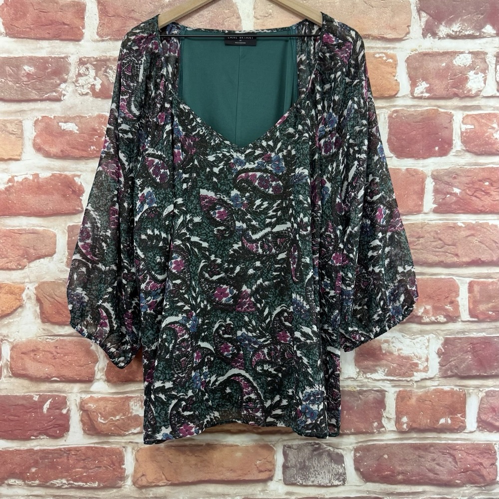Lane Bryant Top Women's 24 Green Multicolor Metallic Boho Floral Paisley Shirt